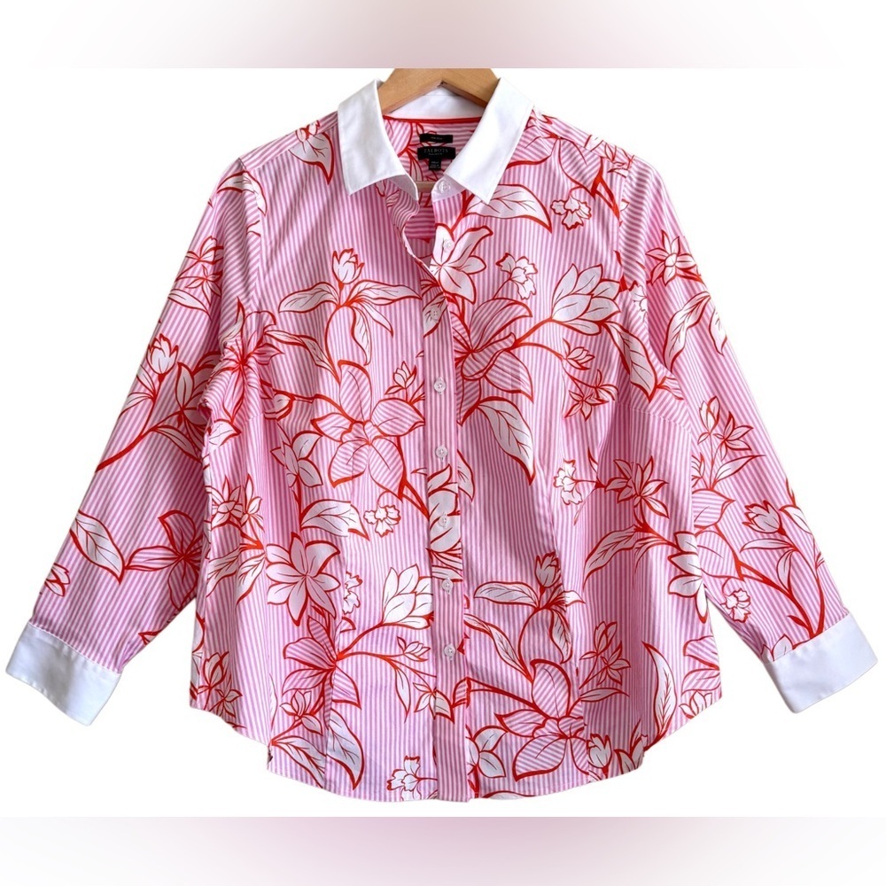 TALBOTS Preppy Business Casual Non-Iron Striped Floral Button Down Shirt Sz 14WP